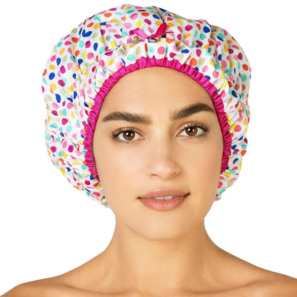 Reusable Bath & Shower Cap Lined, Oversized Waterproof Shower Caps Large Designed for all Hair Lengths with PEVA Lining & Elastic Band Stretch Hem Hair Hat - Fashionista Deco Dots