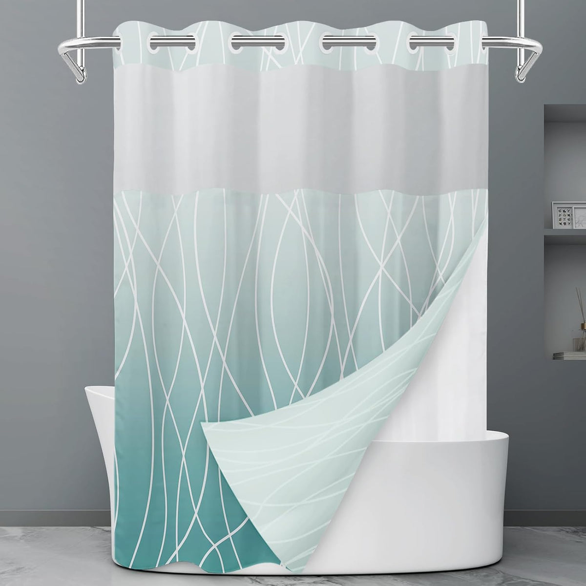 No Hook Grey White Striped Shower Curtain with Snap in Fabric Liner Set - Hotel Liner Set with See Through Mesh Top Window,Machine Washable, 71x74 INCH
