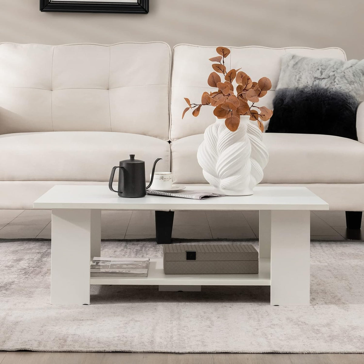 Giantex Rectangle Wood Center Table, 41" L 2-Tier Small Modern Tea Table w/Open Compartment, Easy Assembly, Accent Coffee Table for Living Room, Reception Room, White