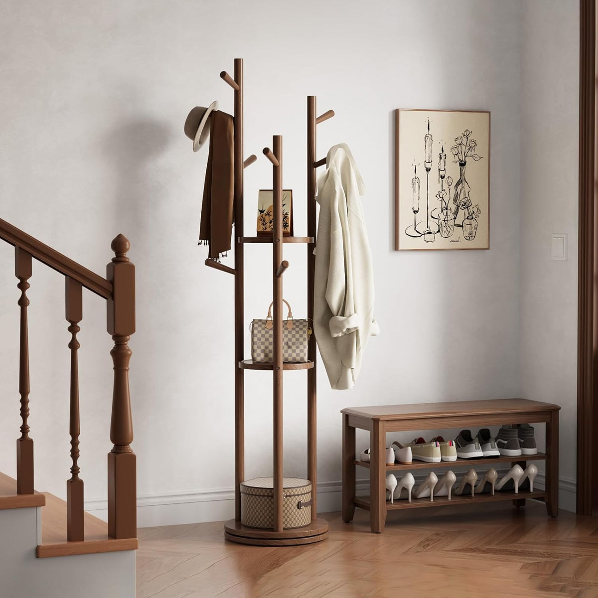 Solid Wood Rotary Coat Rack, Freestanding Coat Rack with 3 Shelves and 9 Hooks, Coat tree for Bedroom, Entryway, Livingroom, Coat Hanger Stand for Coats, Scarves, Handbags (Walnut)