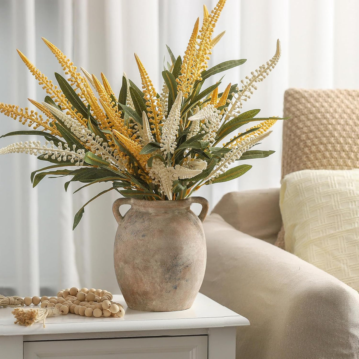 Ceramic Flower Vase 7.6 inch Farmhouse Rustic Vase Decorative Pottery Terracotta Vases for Home Decor Table Mantle Fireplace Living Room Bathroom Wedding Centerpiece (Whitewashed)