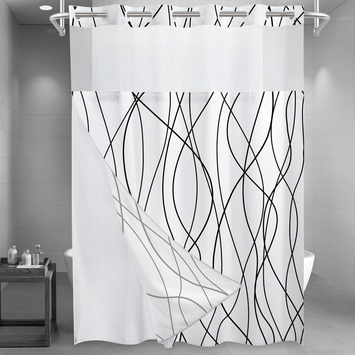 No Hook Grey White Striped Shower Curtain with Snap in Fabric Liner Set - Hotel Liner Set with See Through Mesh Top Window,Machine Washable, 71x74 INCH