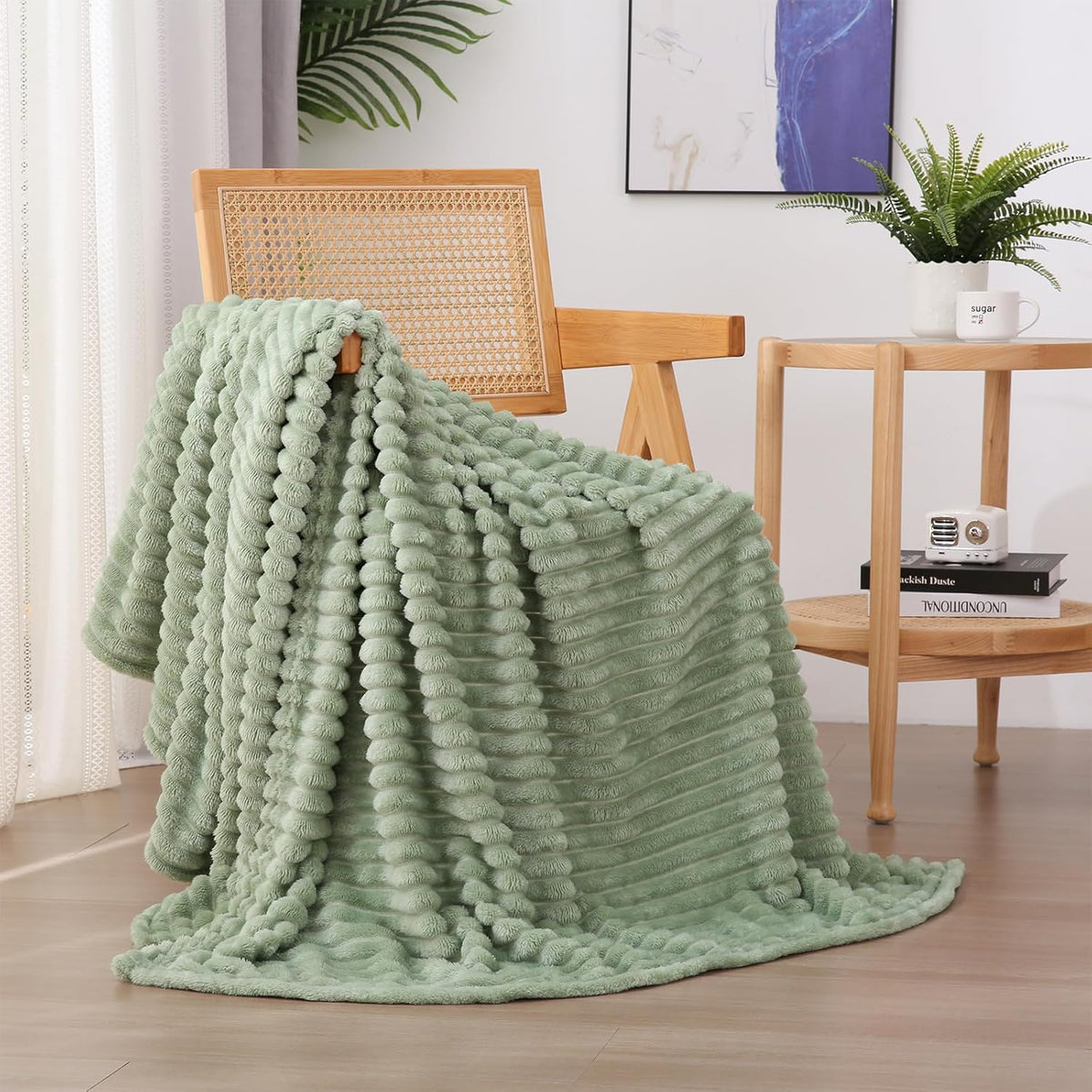 Sage Green Fleece Throw Blanket 50”×60” for Couch Sofa Bed,Super Soft Cozy Plush Microfiber Flannel Blanket with Stripes Design Lightweight for Adults,Woman,Girls