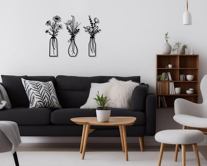 3 Pieces Metal Flowers Wall Arts - Rustic Farmhouse Decor Black Minimalist Flower Wall Decors for Living room Bathroom Bedroom Dining Room - Housewarming Gifts(Black, Vase-C)