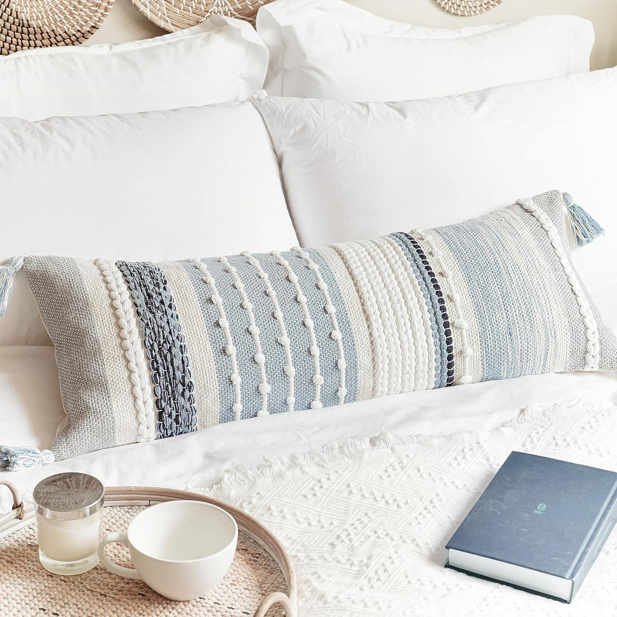 BlissBlush Coastal Blue Decorative Lumbar Pillow Cover 14x36 Boho Long Body Pillow for Bed Farmhouse Lumbar Throw Pillow for Couch Modern Accent Textured Throw Pillowcase