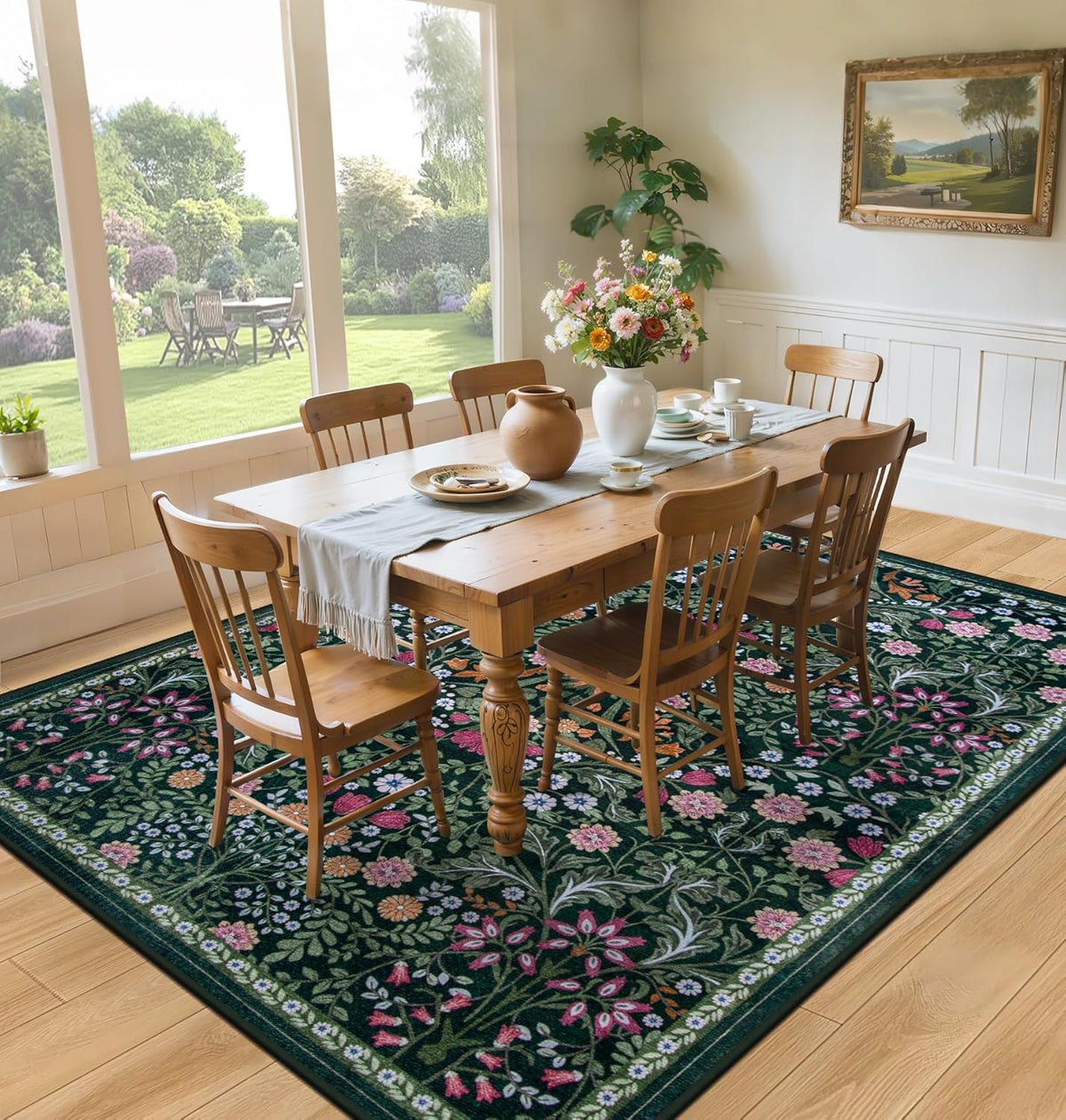 8x10 Area Rugs for Living Room: Floral Washable Rug Vintage Large Soft Boho Non-Slip Carpet Indoor Floor Stain Resistant Carpets for Bedroom Dining Room Farmhouse Nursery Home Office Dark Green