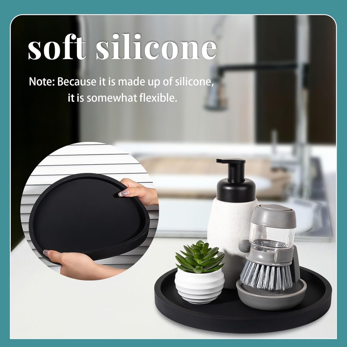 Silicone Bathroom Tray Round Vanity Tray Decorative Soap Holder Kitchen Countertop Organizer Coffee Table Decor for Candle, Perfume, Plant, 9 Inch, Black
