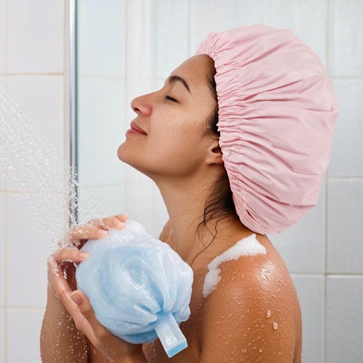 Reusable Shower Cap for Women, Large Waterproof Shower Bonnet Washable Elastic Band Bath Hair Hat for Long Hair, Braids(Pink)