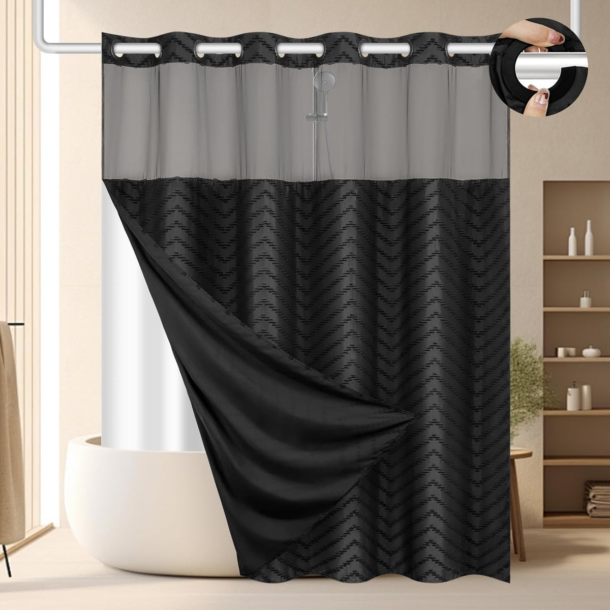 No Hook Shower Curtain and Liner Set, Black Snap in Shower Curtain Ringless Chevron Tufted Cloth Waterproof Washable Fabric Bath Curtain with See Through Top Window for Bathroom Hotel 71" x 74"