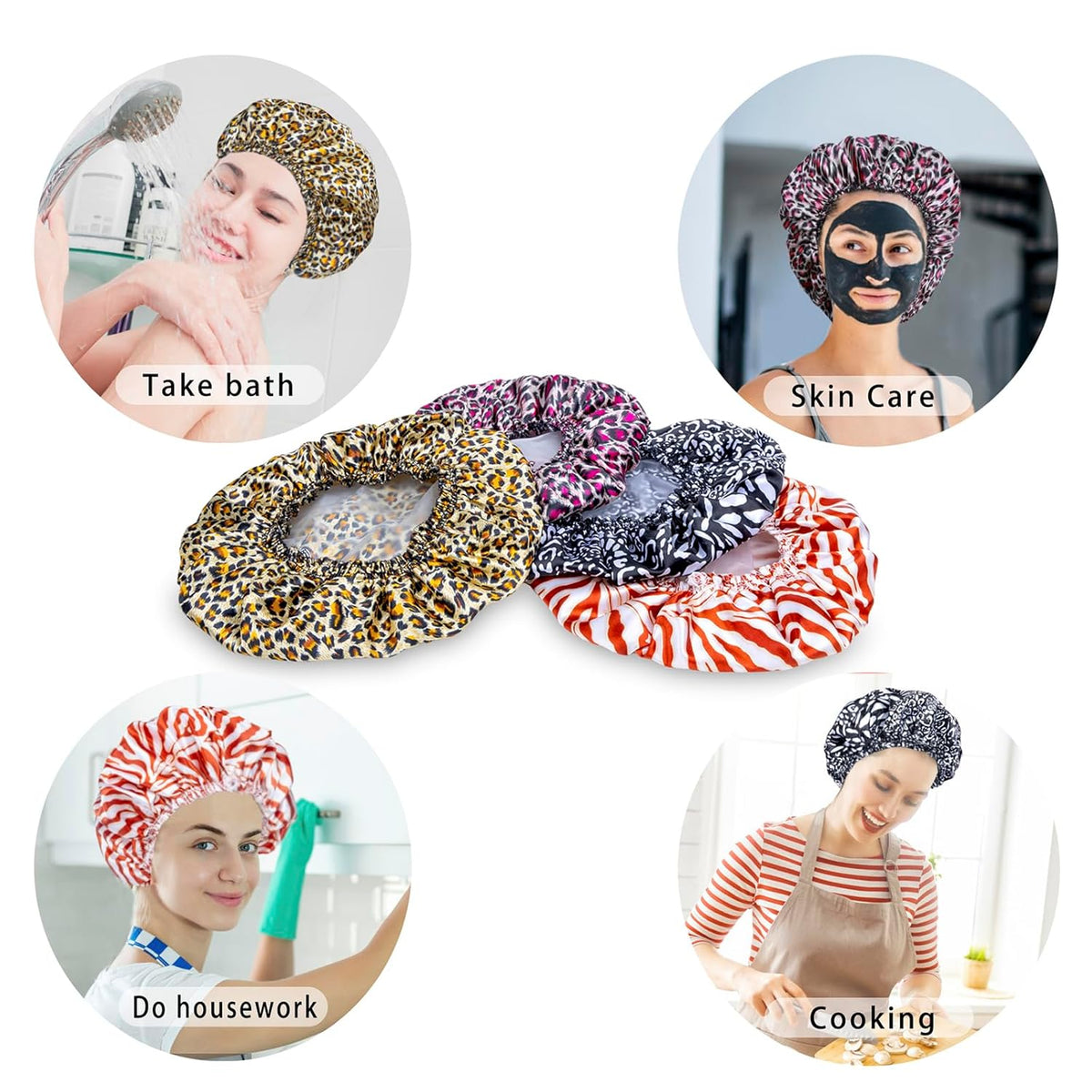 4 PCS Shower Caps for Women, Elastic and Reusable Bath Caps, Double Waterproof Layers Shower Cap, Bathing Shower Caps, Environmental Protection Hair Bath Hat - Printed Color