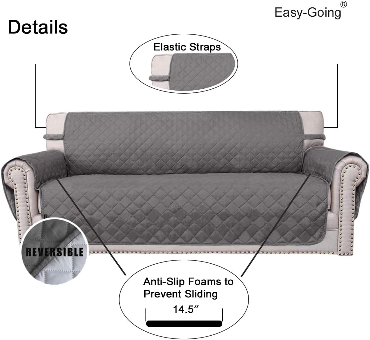 Easy-Going Reversible Couch Cover for 3 Cushion Couch Sofa Cover for Dogs Water Resistant Furniture Protector Cover with Foam Sticks Elastic Straps for Pet Cat (Sofa, Gray/Light Gray)