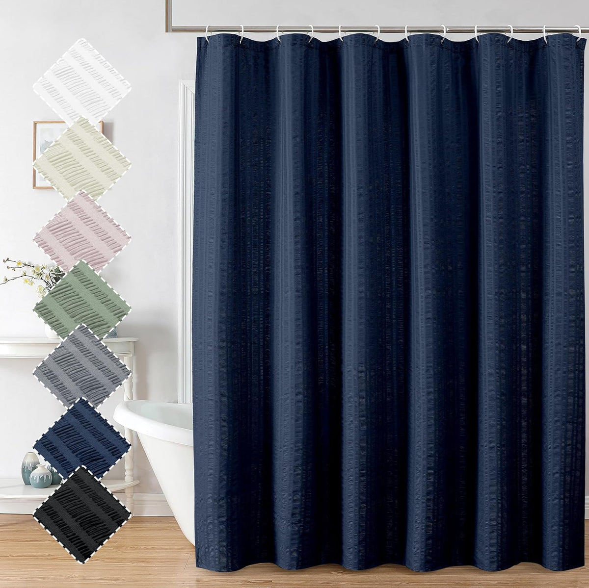 Moga Navy Blue Fabric Shower Curtains for Bathroom - Blue Hotel Spa Polyester Cloth Bath Curtain with 12 Holes, 72x72, Machine Washable, Navy Blue