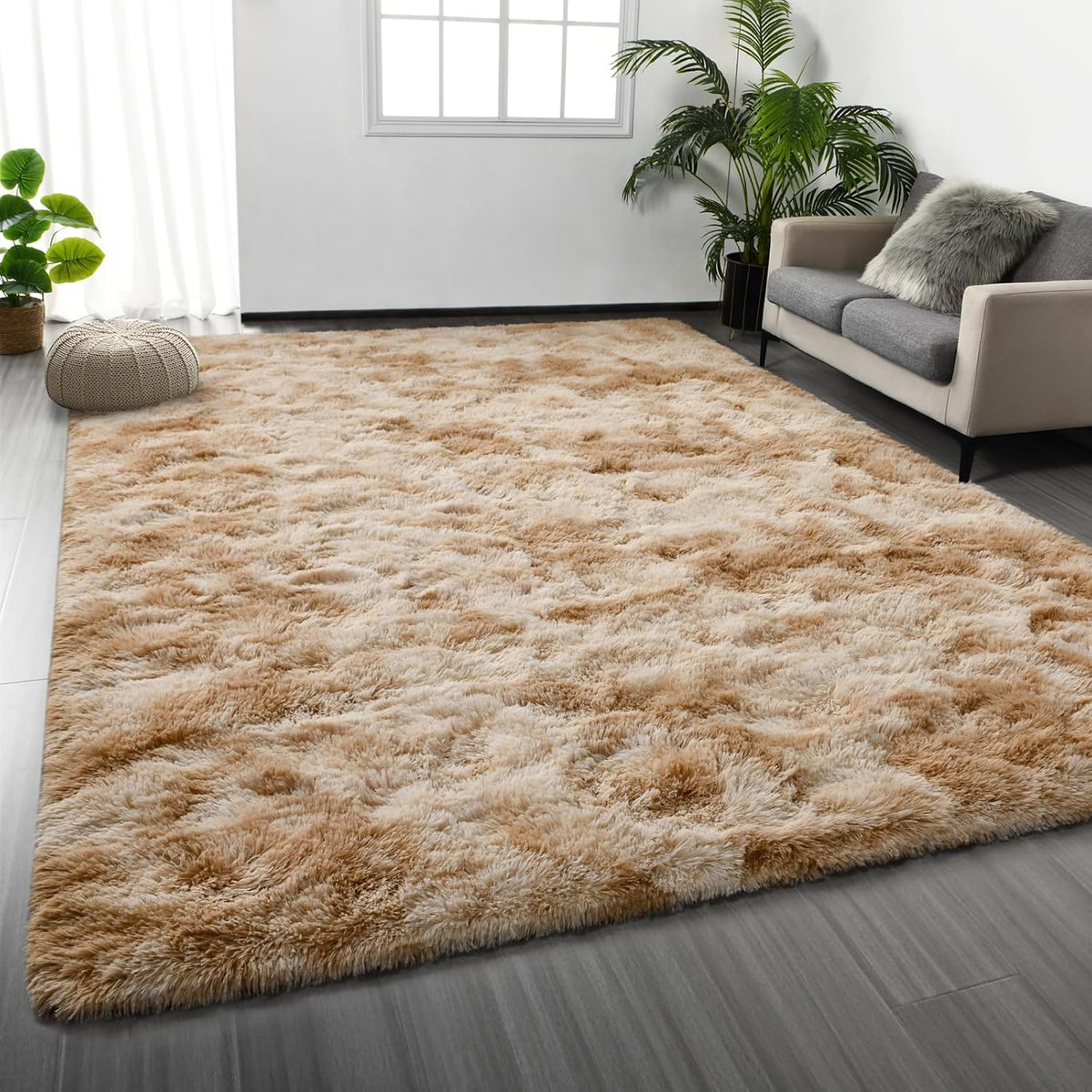 Large Shag Area Rugs 6 x 9, Tie-Dyed Plush Fuzzy Rug for Living Room, Ultra Soft Fluffy Furry Rugs for Bedroom, Indoor Carpet Nursery Rugs for Kids Room Home Decor, Light Grey