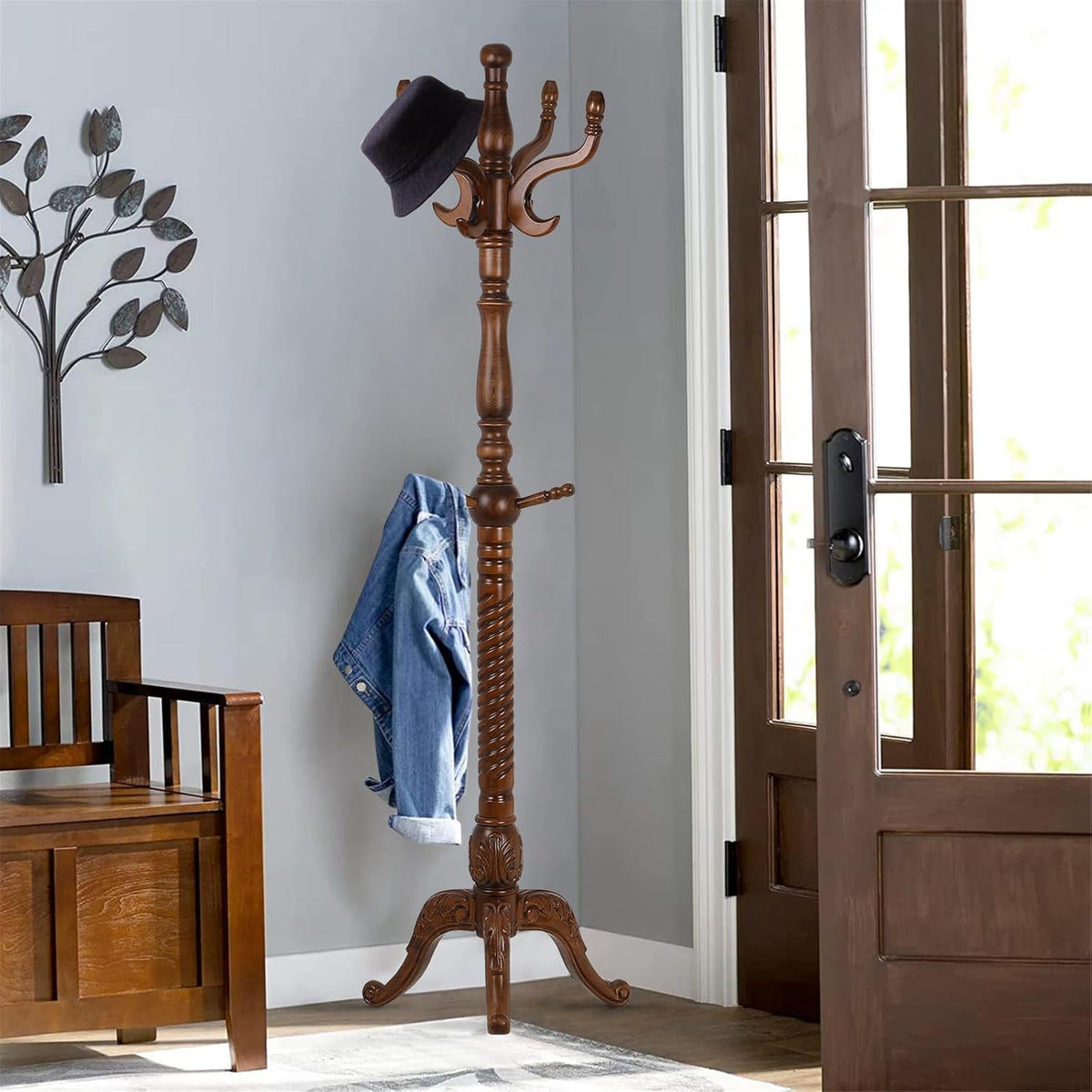 Coat Rack Freestanding Wood Coat Tree Rack with 8 Hooks, Creative Design Tree Branch-look, Standing Coat Rack Clothes Hanger Stand with Stury Base for Entryway, Hallway, Bedroom - Load 160lb (Walnut)