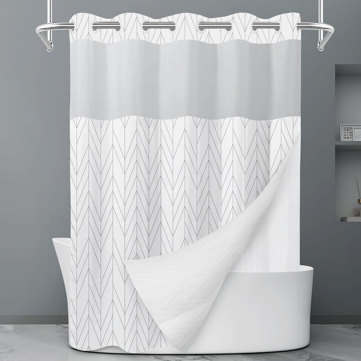 No Hook Grey White Striped Shower Curtain with Snap in Fabric Liner Set - Hotel Liner Set with See Through Mesh Top Window,Machine Washable, 71x74 INCH