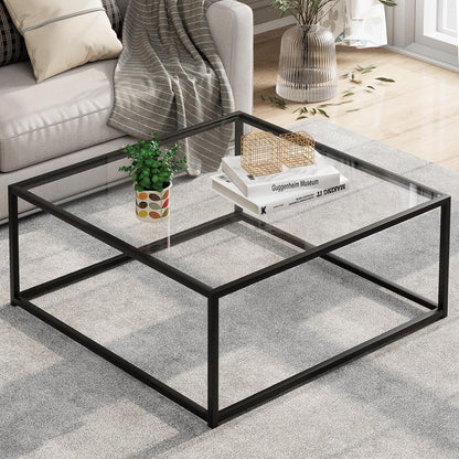 Black Glass Coffee Table for Living Room,Square Coffee Tables for Small Spaces,Simple Tea Cocktail Modern Center Tables, Living Room Tables,Easy Assembly,26 * 26in（Black & Clear Glass）