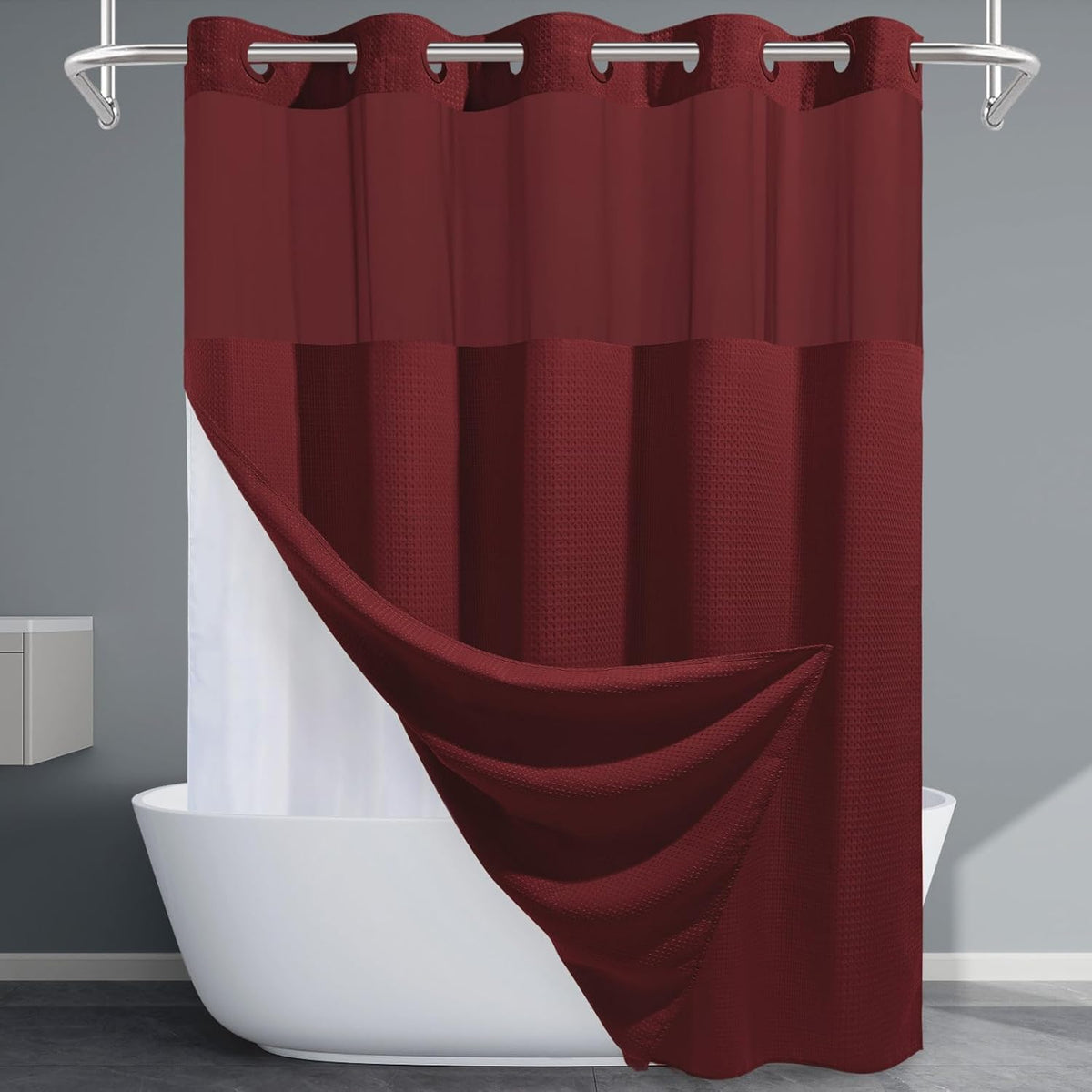 Grey Shower Curtain and Liner Set - 230GSM Waffle Weave Textured Heavy Duty,Hotel Luxury Weighted Bath Curtain,71W x 74H
