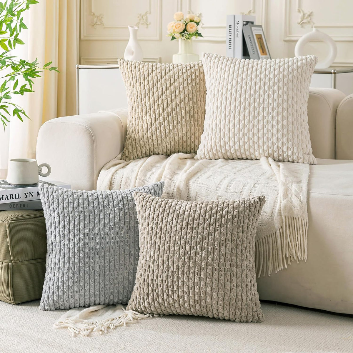 Set of 4 Neutral Decorative Throw Pillow Covers 18x18 Inch Corduroy Pillow Covers for Bed Couch Sofa Living Room Soft Square Cushion Cases
