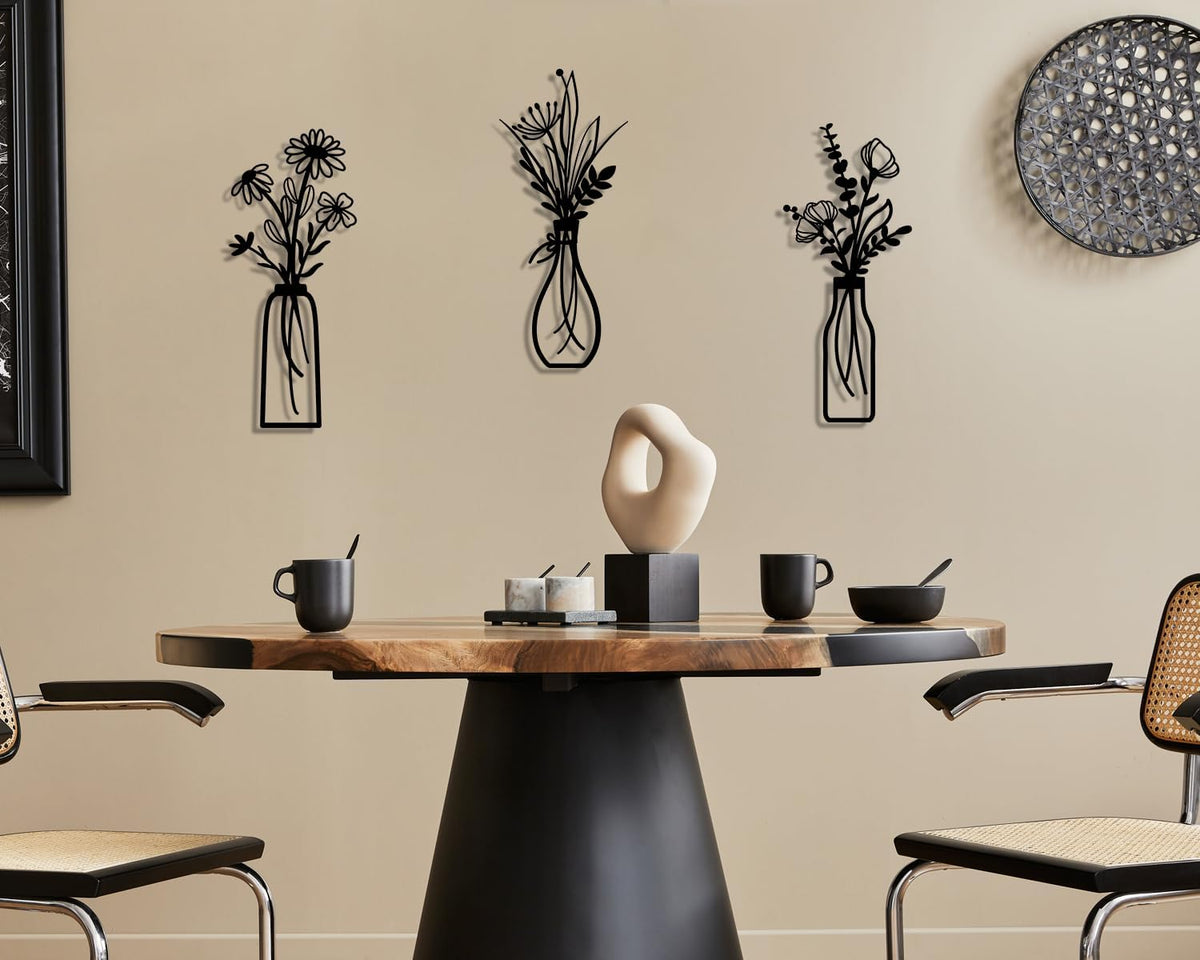 3 Pieces Metal Flowers Wall Arts - Rustic Farmhouse Decor Black Minimalist Flower Wall Decors for Living room Bathroom Bedroom Dining Room - Housewarming Gifts(Black, Vase-C)