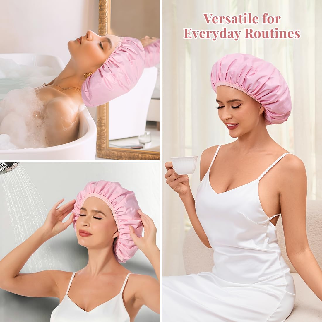 Shower Cap for Women Waterproof Reusable, Large Shower Cap Non-Slip with Elastic Band, Washable Bath Hair Hat for Long Hair, Braids (Pink)