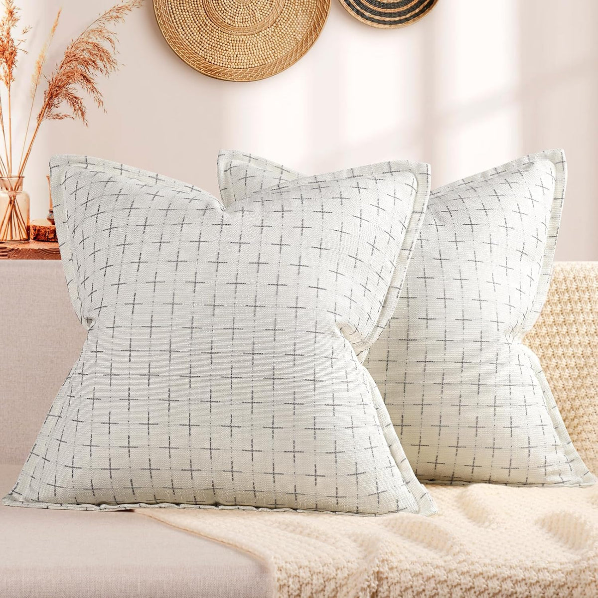 ZWJD Pillow Covers 18x18 Set of 2 Soft Polyester Textured Pillow Covers with Stylish Flange Edge Cozy Farmhouse Throw Pillows for Couch Bed Sofa Living Room