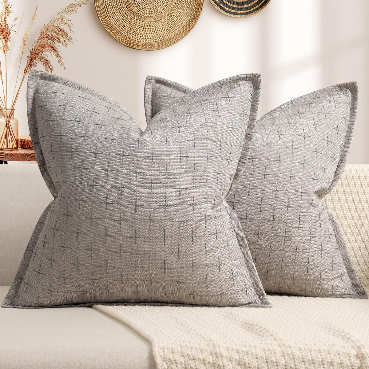 ZWJD Pillow Covers 18x18 Set of 2 Soft Polyester Textured Pillow Covers with Stylish Flange Edge Cozy Farmhouse Throw Pillows for Couch Bed Sofa Living Room