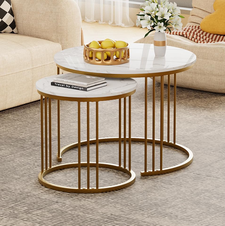 Garden 4 you Coffee Table Faux Marble Nesting Table for Small Place 2 Sets Modern Furniture Living Room Sets End Side Table Night Stand for Bed Room Dining Room (White & Gold)