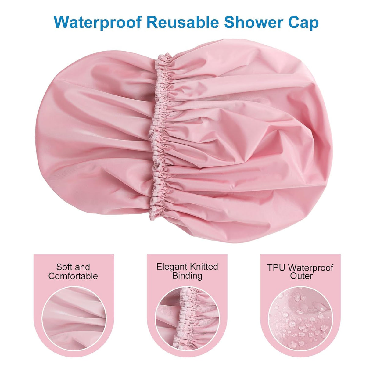 Shower Cap for Women, Double Layer Waterproof Bath Cap, Reusable Hair Protector, Large Waterproof Shower Bonnet Washable Elastic Band Bath Hair Hat for Long Hair, Braids， - Pink