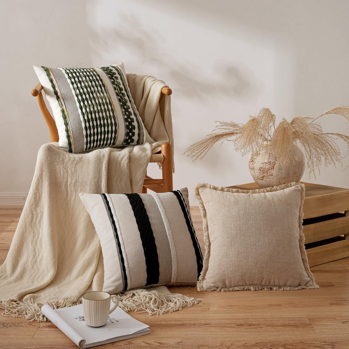 ANRODUO Pack of 2 Boho Decorative Throw Pillow Covers 18x18 Farmhouse Cushion Case Striped Chenille Pillow Cases Square Pillow Covers Accent Neutral Pillowcase for Sofa Couch Bed, Olive Green Stripe