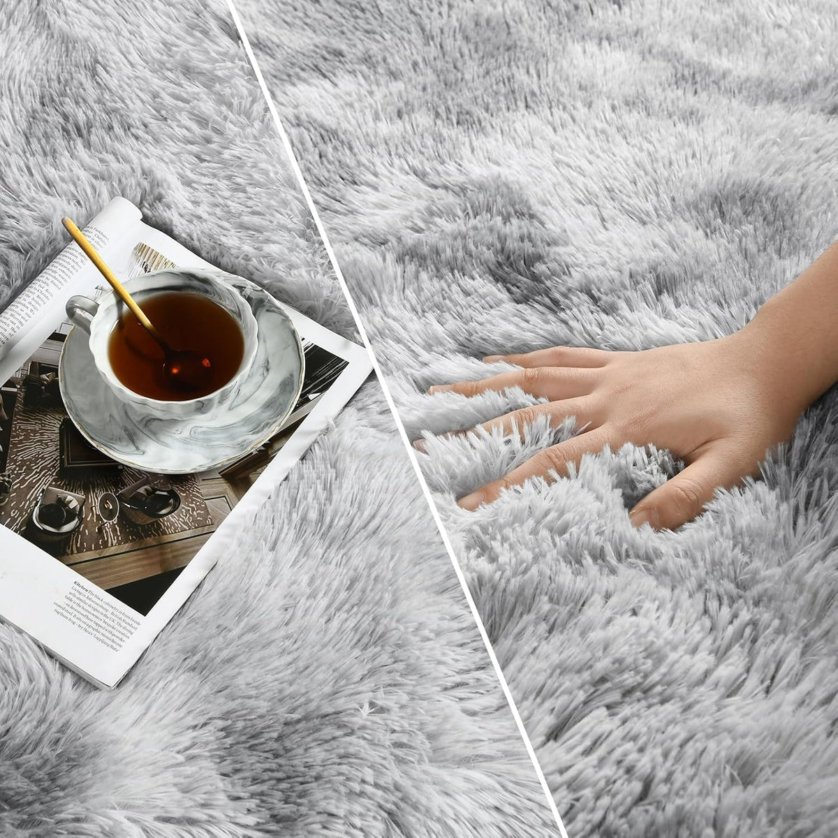 Large Shag Area Rugs 6 x 9, Tie-Dyed Plush Fuzzy Rug for Living Room, Ultra Soft Fluffy Furry Rugs for Bedroom, Indoor Carpet Nursery Rugs for Kids Room Home Decor, Light Grey