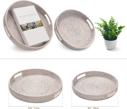 13.8 inch Round Rattan Tray, Decorative Coffee Table Tray, Ottoman Tray, Woven Serving Tray with Handles, Wicker Serving Basket, Whitewash