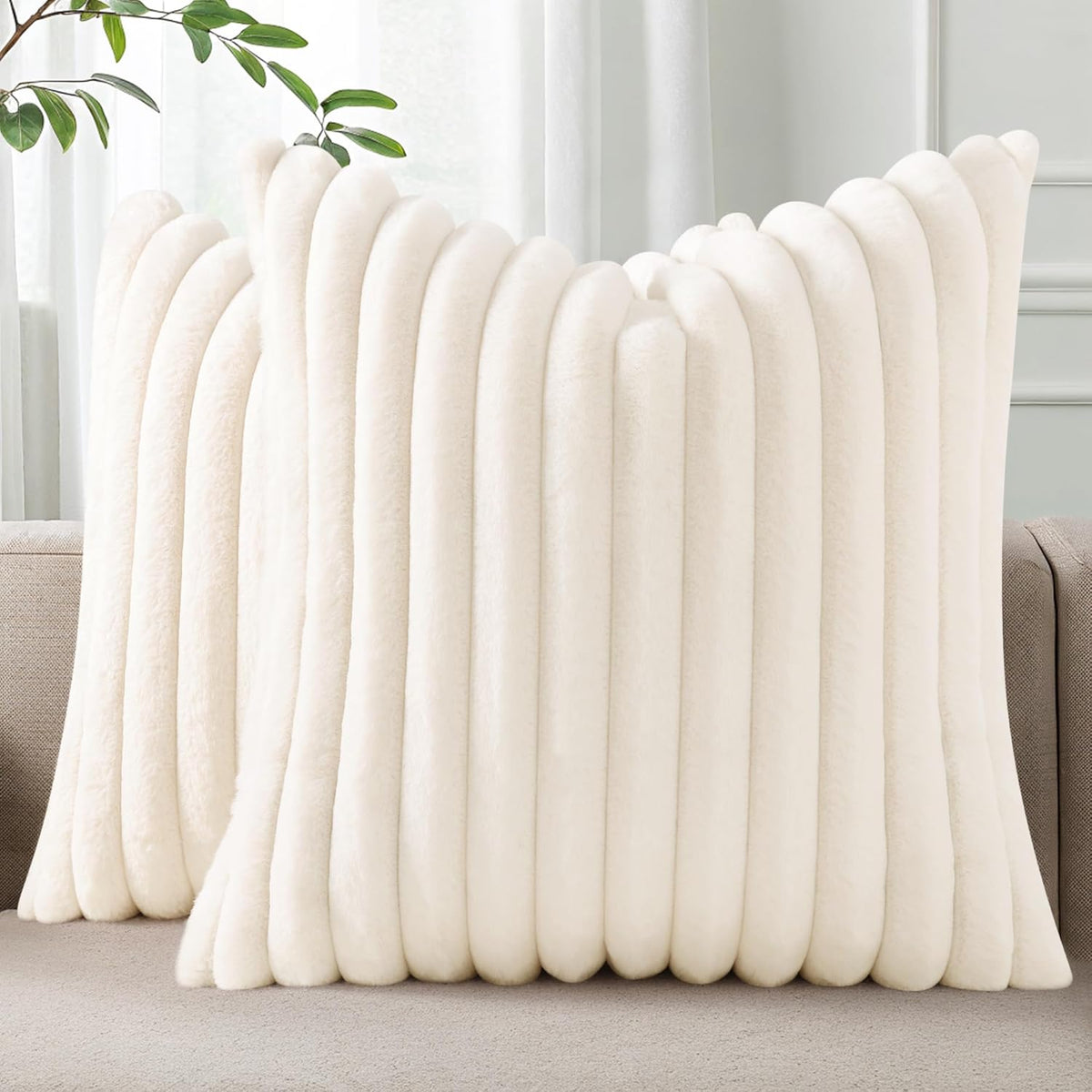Pallene Faux Fur Plush Throw Pillow Covers 18x18 Set of 2, Luxury Soft Fluffy Striped Decorative Pillow Covers for Sofa, Couch, Living Room, Cream White