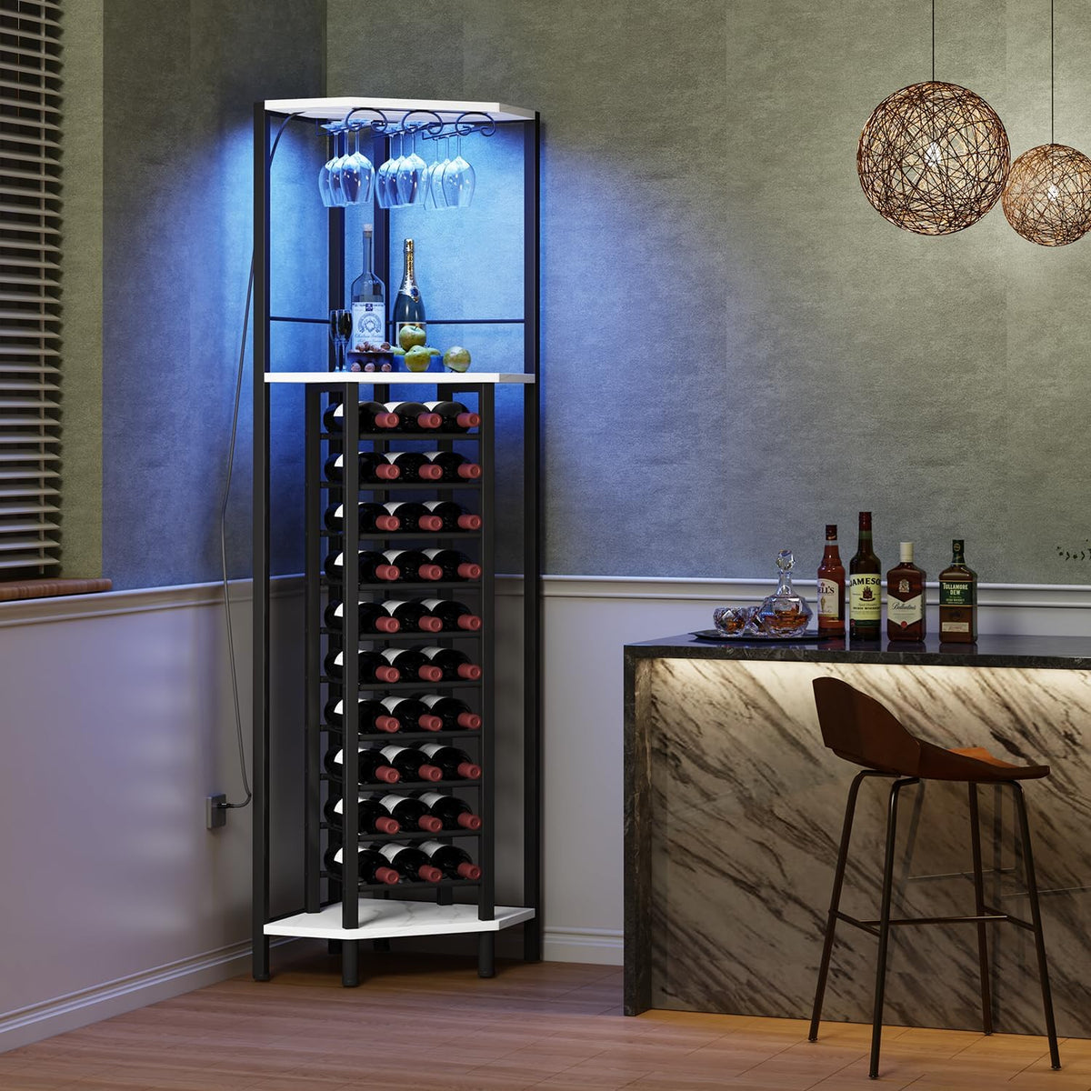 Homeiju Wine Rack Freestanding Floor, Bar Cabinet for Liquor and Glasses, 4-Tier bar Cabinet with Tabletop, Glass Holder, Storage Drawer and Wine Storage for Living Room (Patent No.D29872845)