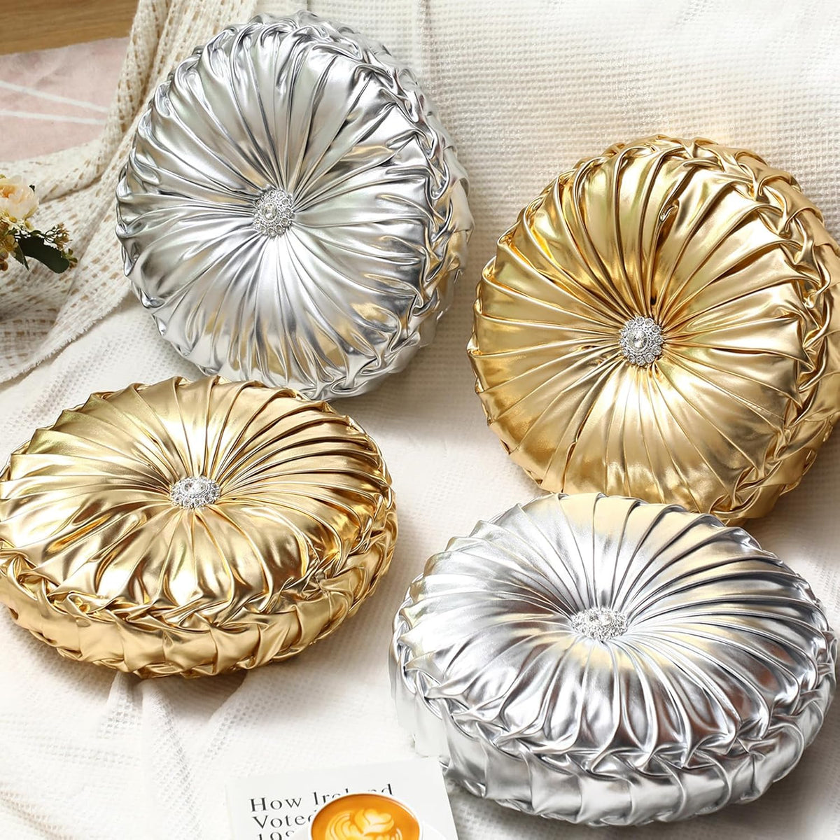 Kathfly Set of 4 Decorative Round Pleated Throw Pillows, Classy Velvet Pumpkin Round Throw Pillows, Decorative Floor Pillow for Bed Chair Home Sofa Decor, 14" Diameter(Colorful)