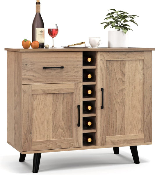 Giantex Bar Cabinet, Buffet Sideboard for 6 Wine Bottles, Wood Pantry Cupboard with Storage Drawer, 2 Door Cabinets, Anti-Toppling Devices, Credenza Organizer for Living Room Kitchen (Oak)