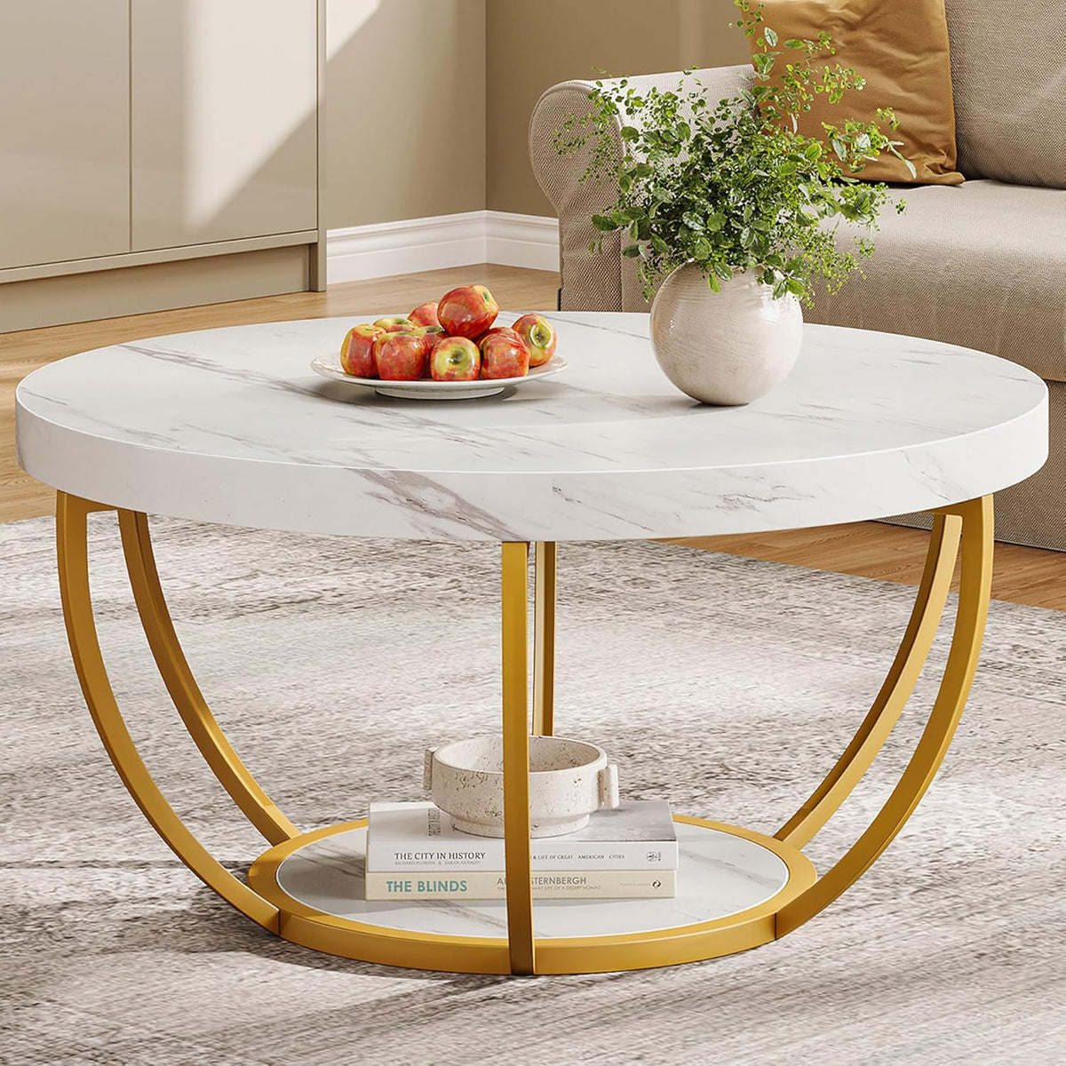 Tribesigns Round Coffee Table, 31.7" Wooden 2-Tier Circle Coffee Table with Storage Shelves, Modern Accent Cocktail Table Center Table for Living Room, Rustic Brown