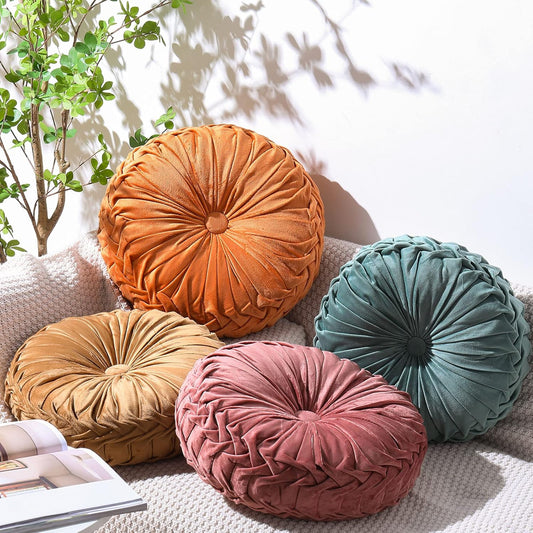 Kathfly Set of 4 Decorative Round Pleated Throw Pillows, Classy Velvet Pumpkin Round Throw Pillows, Decorative Floor Pillow for Bed Chair Home Sofa Decor, 14" Diameter(Colorful)