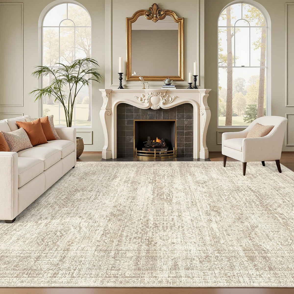 Soalmost Washable Area Rug 8x10, Large Soft Rugs for Living Room Vintage Beige Carpet 8x10 Area Rugs for Bedroom Dining Room Non-Slip Stain Resistant Under Table Rug
