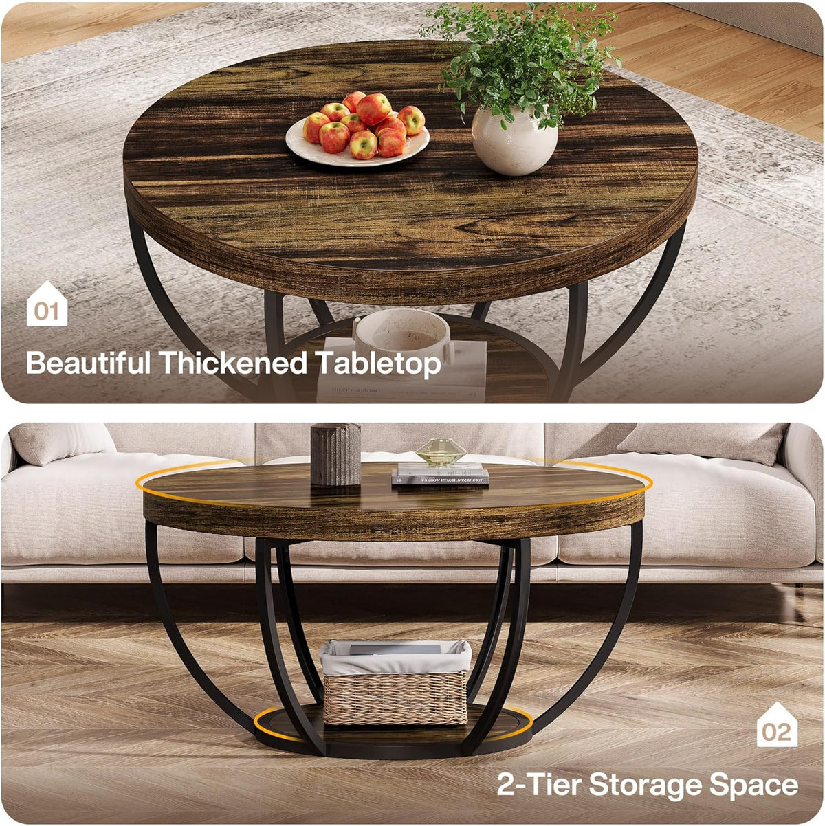 Tribesigns Round Coffee Table, 31.7" Wooden 2-Tier Circle Coffee Table with Storage Shelves, Modern Accent Cocktail Table Center Table for Living Room, Rustic Brown
