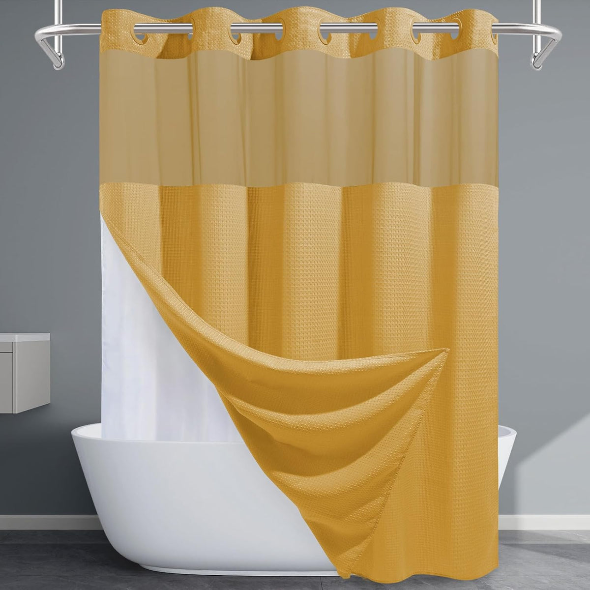 Grey Shower Curtain and Liner Set - 230GSM Waffle Weave Textured Heavy Duty,Hotel Luxury Weighted Bath Curtain,71W x 74H