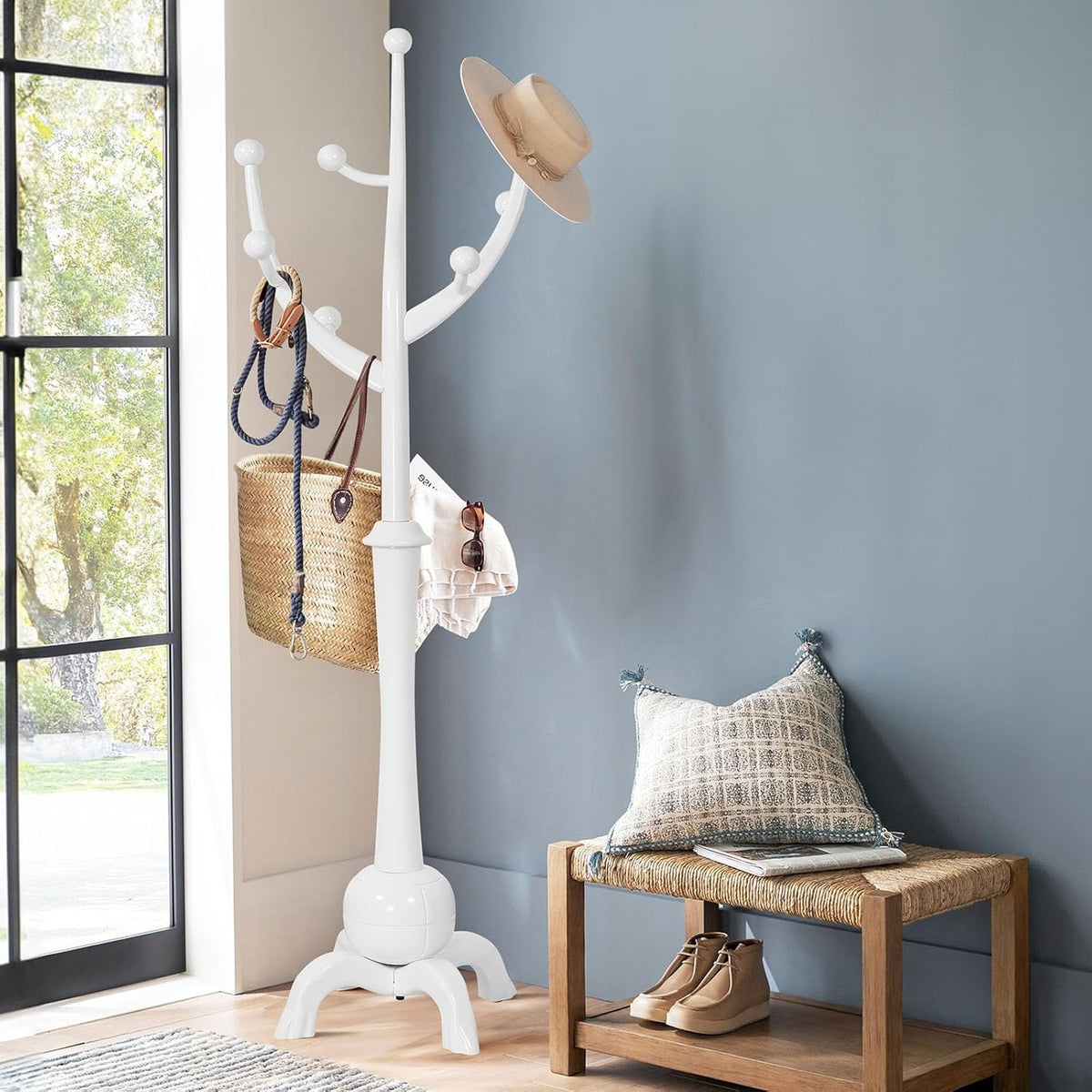 Coat Rack Freestanding Wood Coat Tree Rack with 8 Hooks, Creative Design Tree Branch-look, Standing Coat Rack Clothes Hanger Stand with Stury Base for Entryway, Hallway, Bedroom - Load 160lb (Walnut)