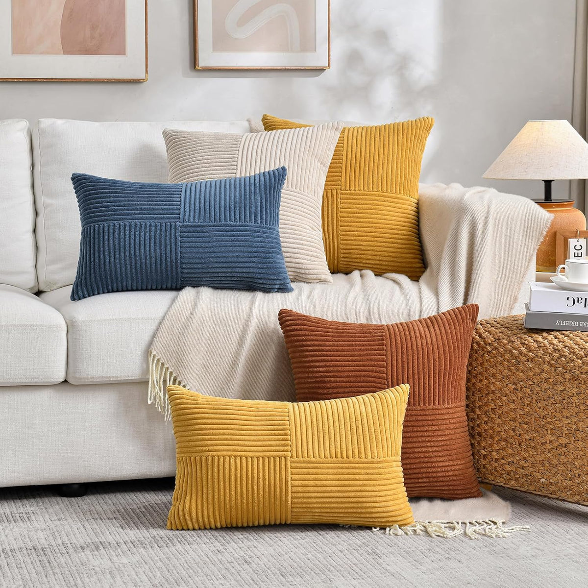 Fancy Homi 2 Packs Rust Boho Decorative Throw Pillow Covers 18x18 Inch for Couch Bed Sofa, Farmhouse Fall Home Decor, Soft Corss Corduroy Patchwork Textured Terracotta Accent Cushion Case 45x45 cm