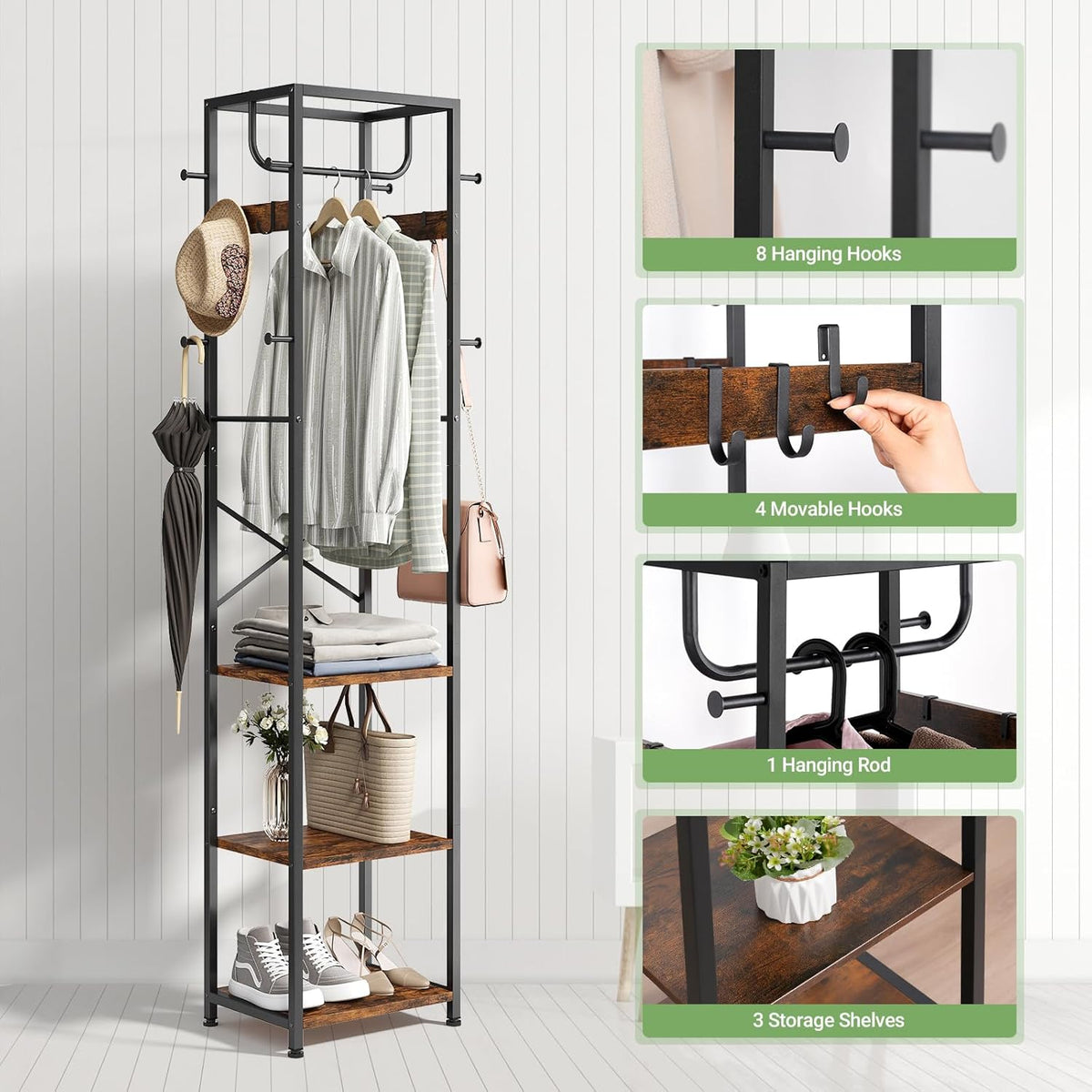 Coat Rack Freestanding, Hall Tree with 3 Storage Shelves and 12 Hooks, Industrial Clothes Rack Stand Organizer for Bedroom, Hallway, Entryway, Office, Living Room, Rustic Brown
