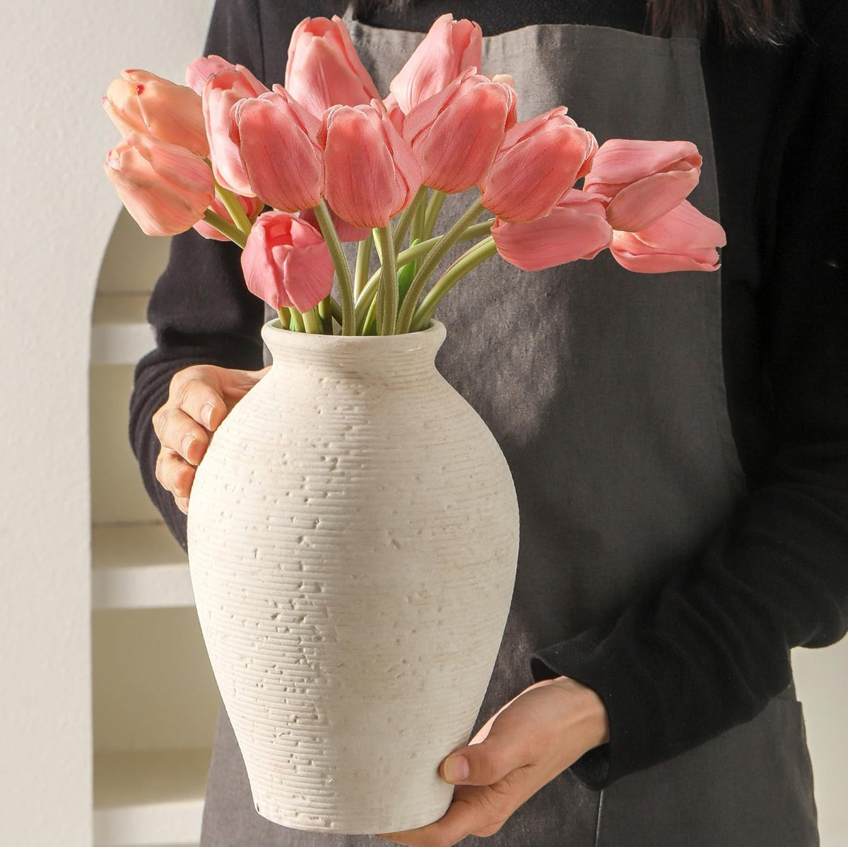 Ceramic Flower Vase Home Decor - Large Farmhouse Table Vases Rustic Vintage Living Room Kitchen Bedroom Decorations for House Book Shelf Office Coffee Desk Dining Fireplace (9" Rustic)